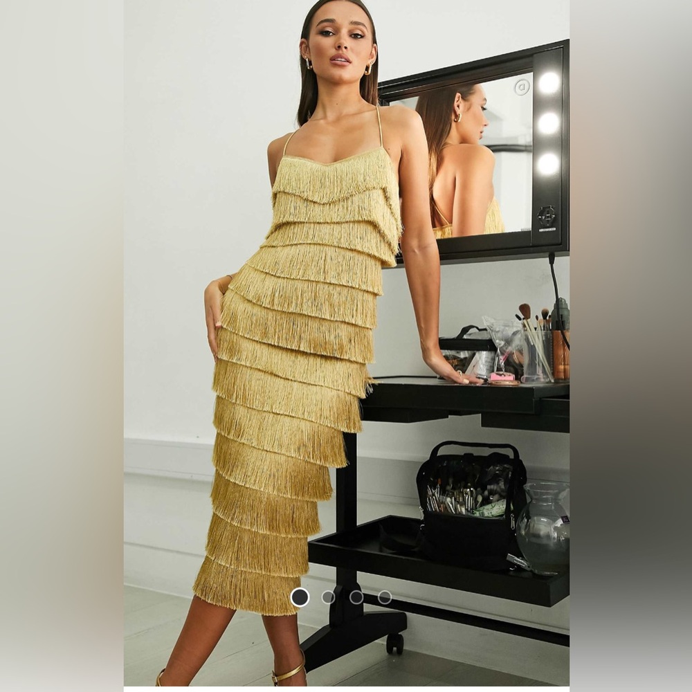 ASOS Tiered Mini Gold Fringe Dress